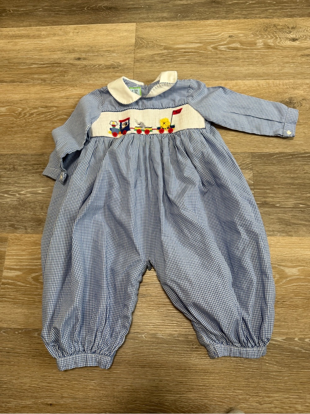 Blue Gingham Smocked Train One-Piece for Kids